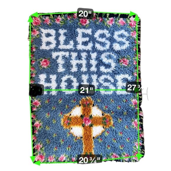 Handmade Latch Hook Rug "Bless This House" Floral Cross 21x27.75 Completed - Picture 4 of 9